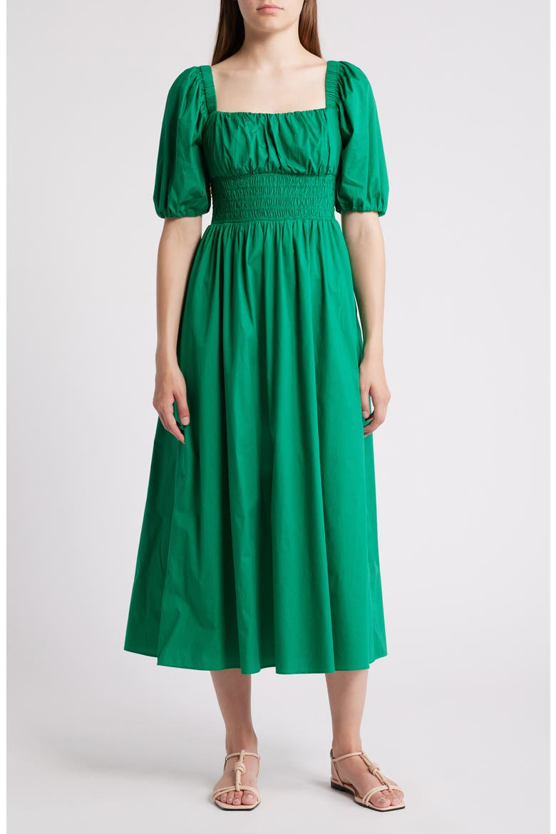 Smocked Puff Sleeve Midi Dress, Main, color, GREEN MEDIUM
