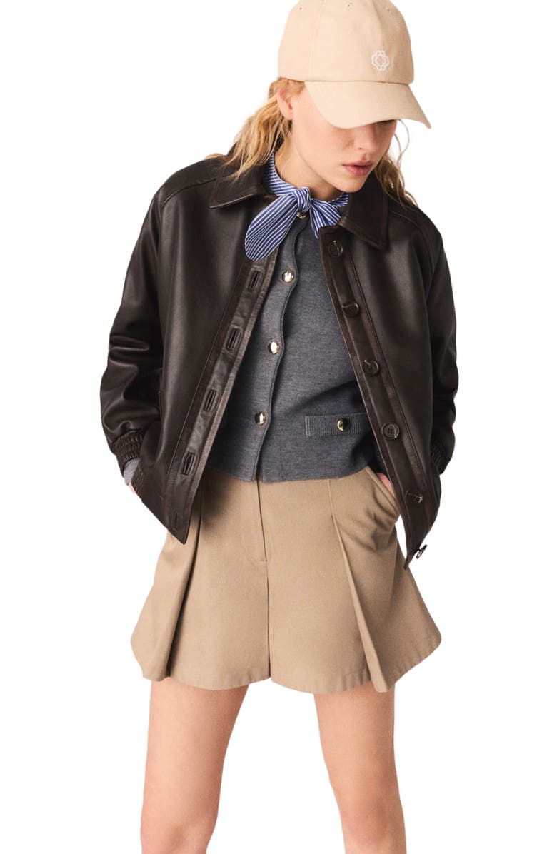 maje Cropped leather jacket, Alternate, color, Brown