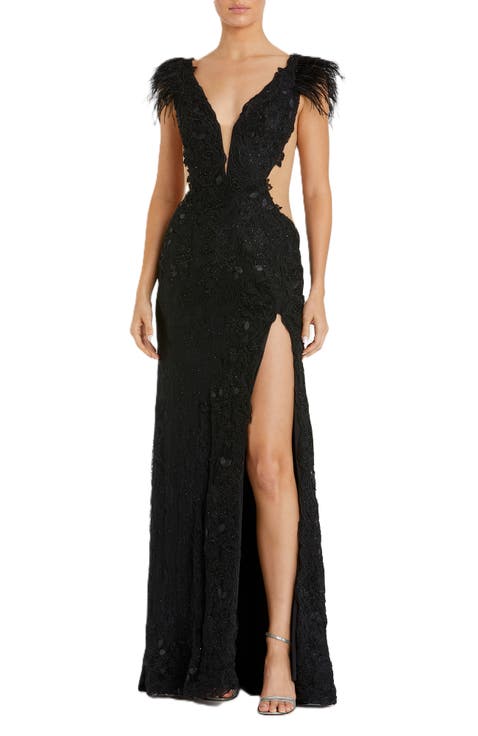 Feather Cap Sleeve Lace Gown