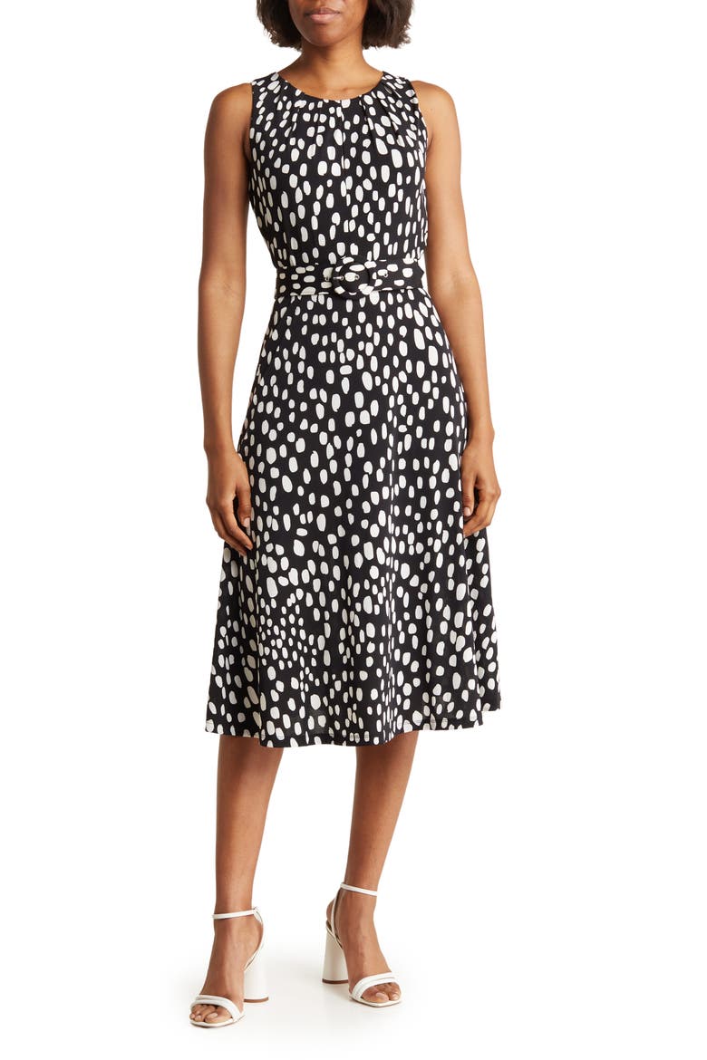 Patterned Belted Midi Dress, Main, color, BLACK