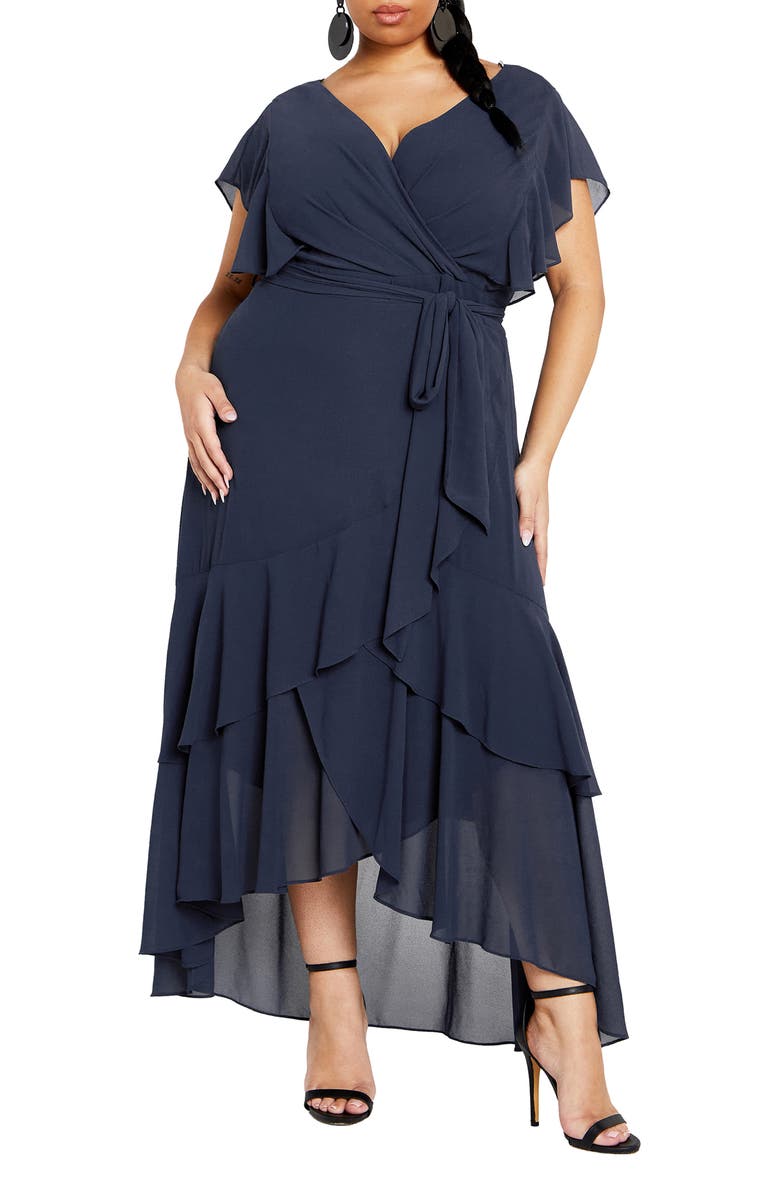 City Chic Ruffle Tie Waist Tiered High-Low Maxi Dress, Main, color,