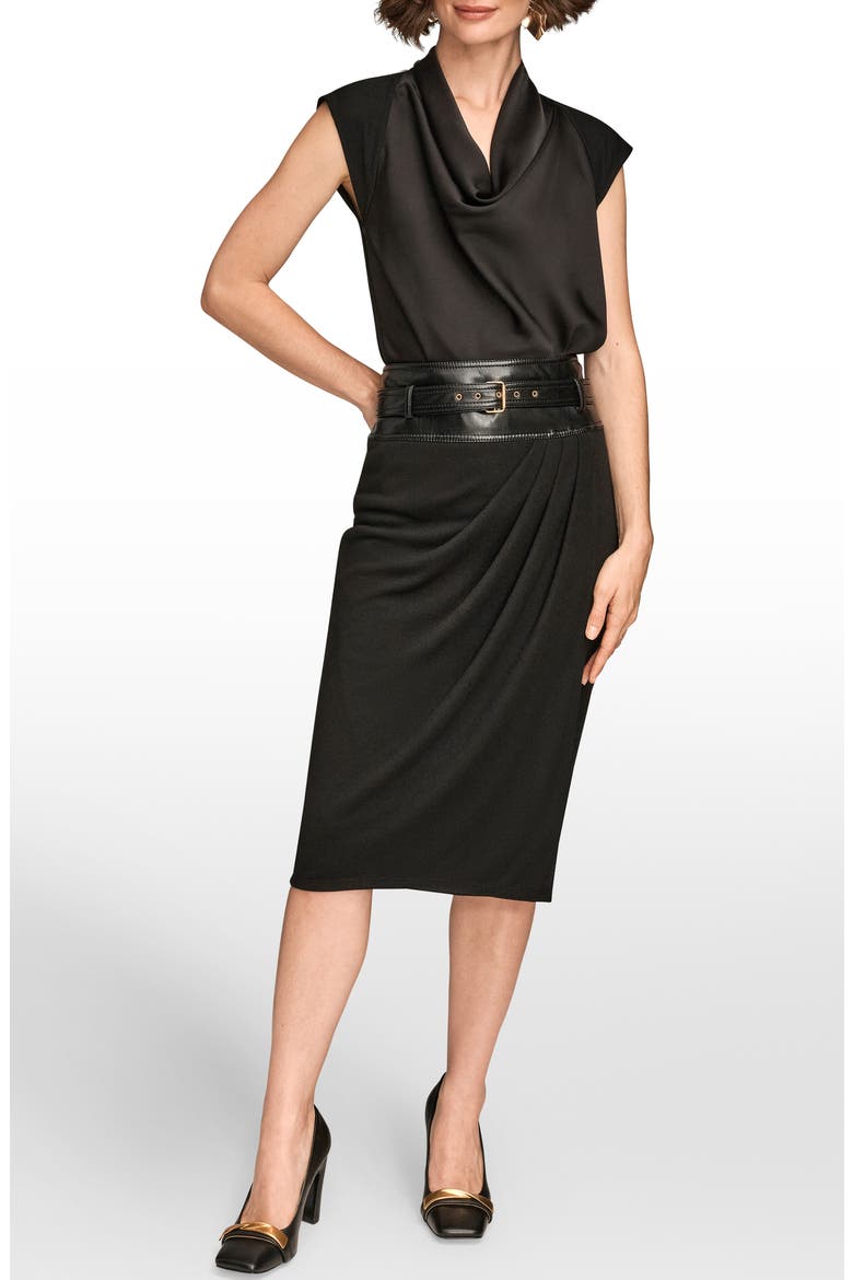 Faux Wrap Skirt With Faux Leather Belt, Alternate, color, BLACK