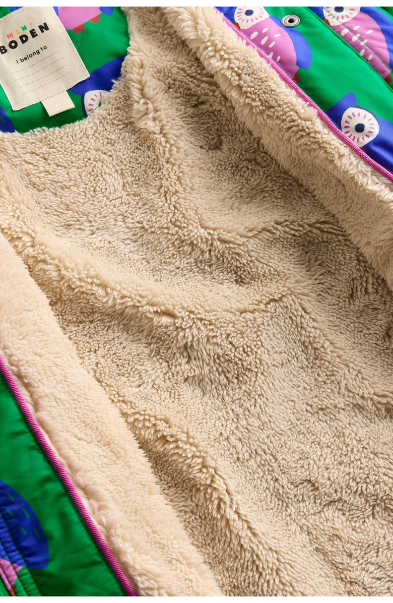 Mini Boden Kids' Fleece Lined Jacket, Alternate, color, Rich Emerald Geo Owls