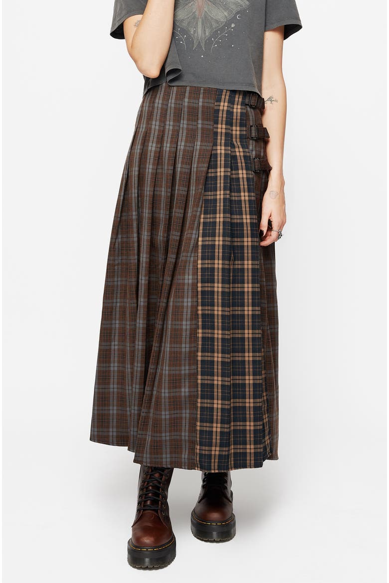 Raven Pleated Check Buckle Maxi Skirt, Alternate, color, Brown
