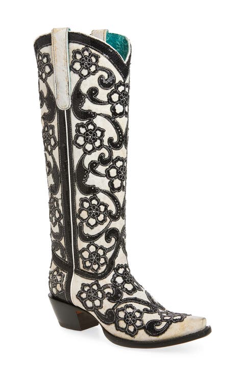 Sequin Embellished Overlay Western Boot (Women)