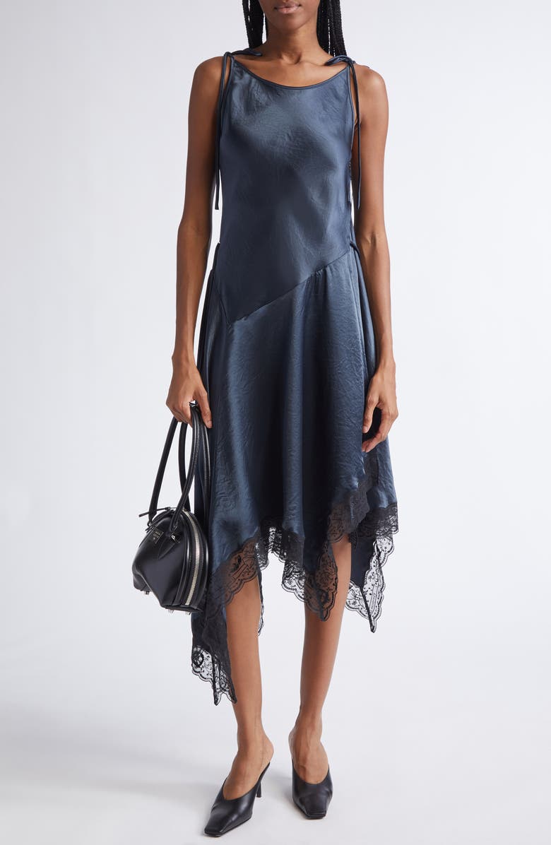 Acne Studios Doyla Lace Trim Crinkled Satin Asymmetric Dress, Main, color, Petrol Blue