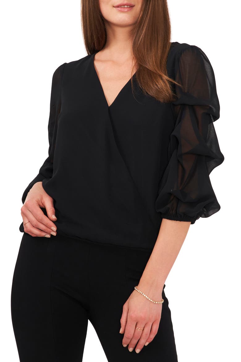 Cascading Bubble Sleeve Chiffon Top, Main, color, BLACK