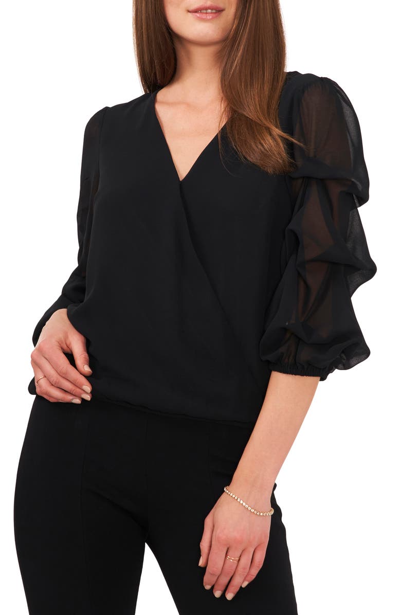 Chaus Cascading Bubble Sleeve Chiffon Top, Main, color, Black