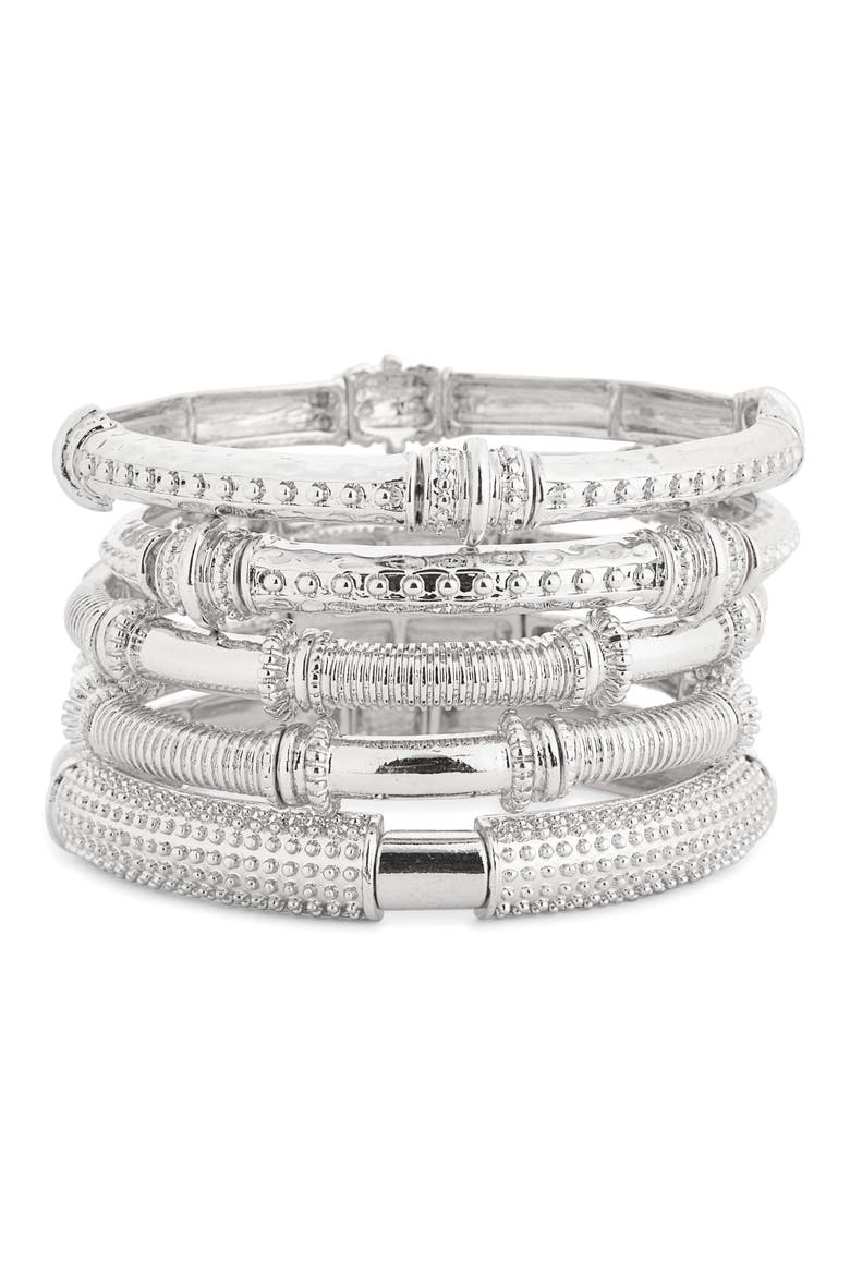 Set of 5 Textured Stretch Bracelets, Main, color, RHODIUM