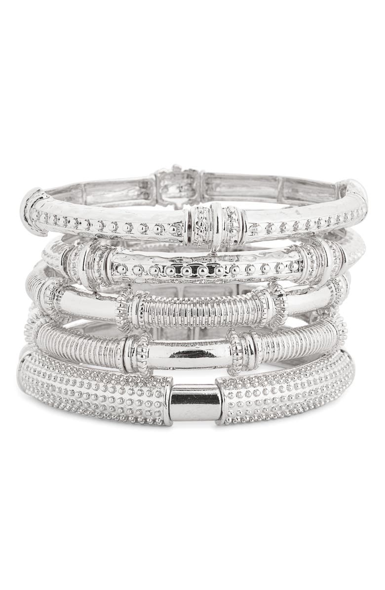 NORDSTROM RACK Set of 5 Textured Stretch Bracelets, Main, color, Rhodium
