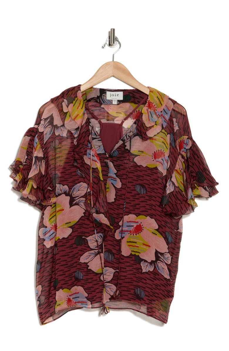 Joie Devon Floral Ruffle Silk Top, Alternate, color, Oxblood Multi