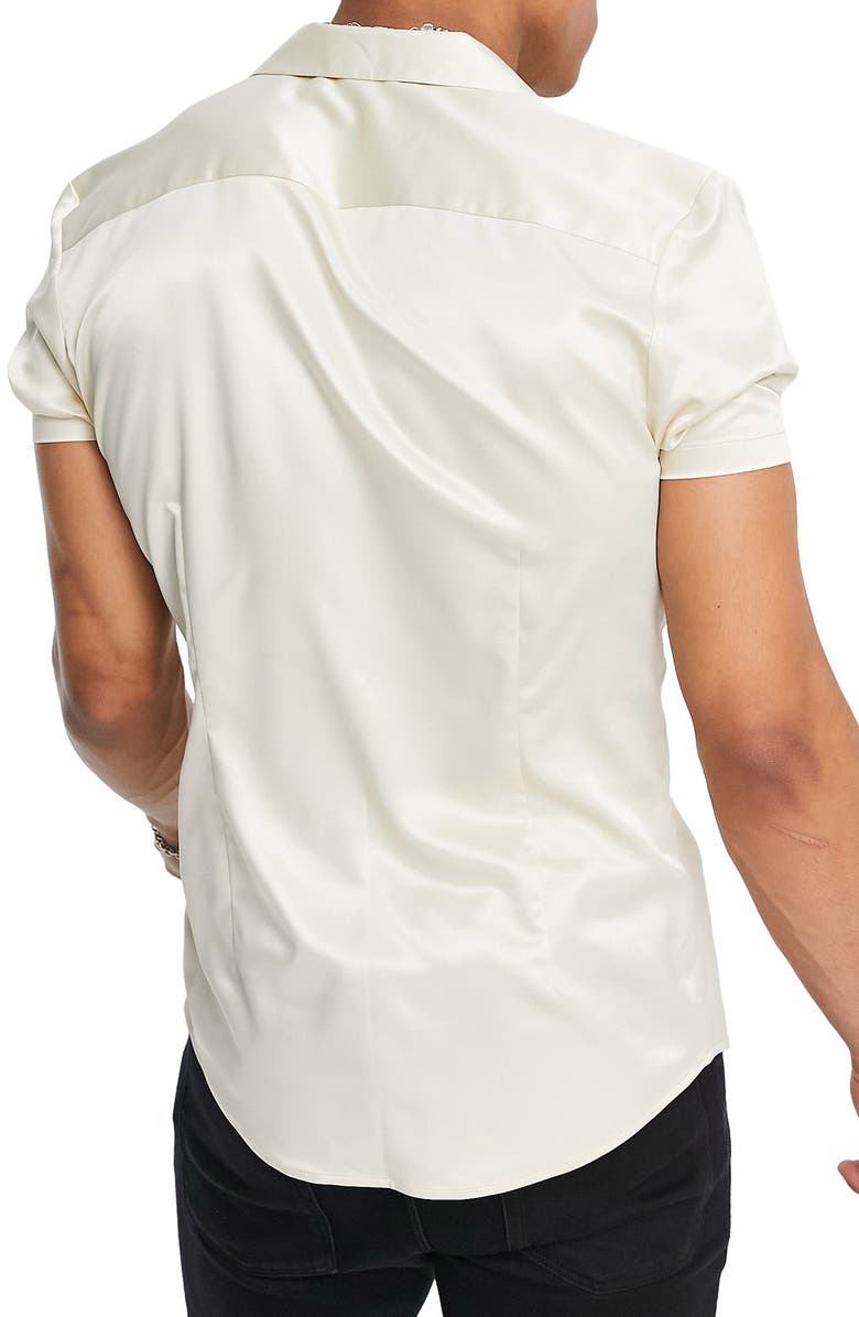 ASOS DESIGN Skinny Satin Short Sleeve Button-Up Shirt, Alternate, color, 