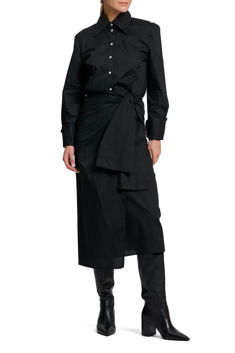 Talita Wrap Tie Waist Midi Shirt Dress, Main, color, BLACK