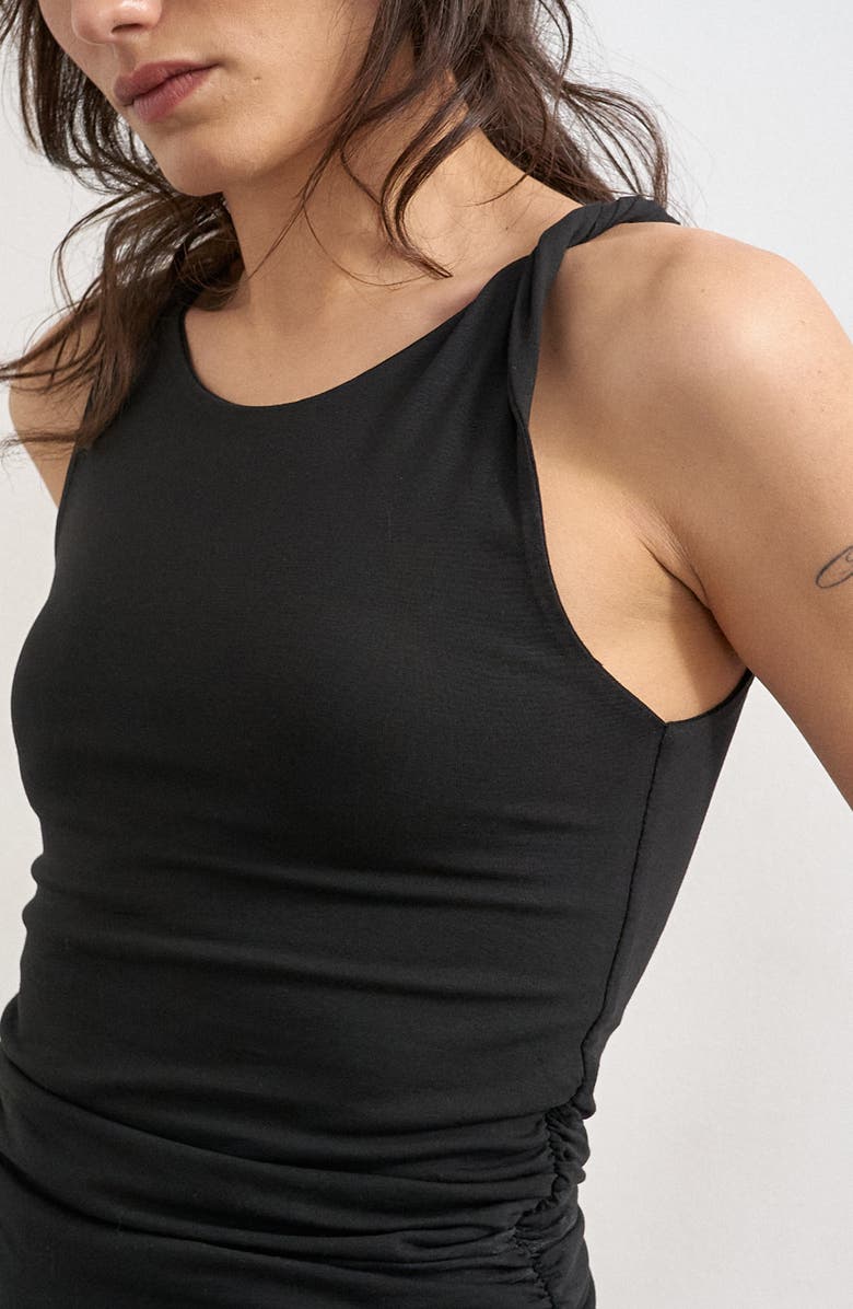 Topshop Knotted Shoulder Ruched Tank, Alternate, color, Black