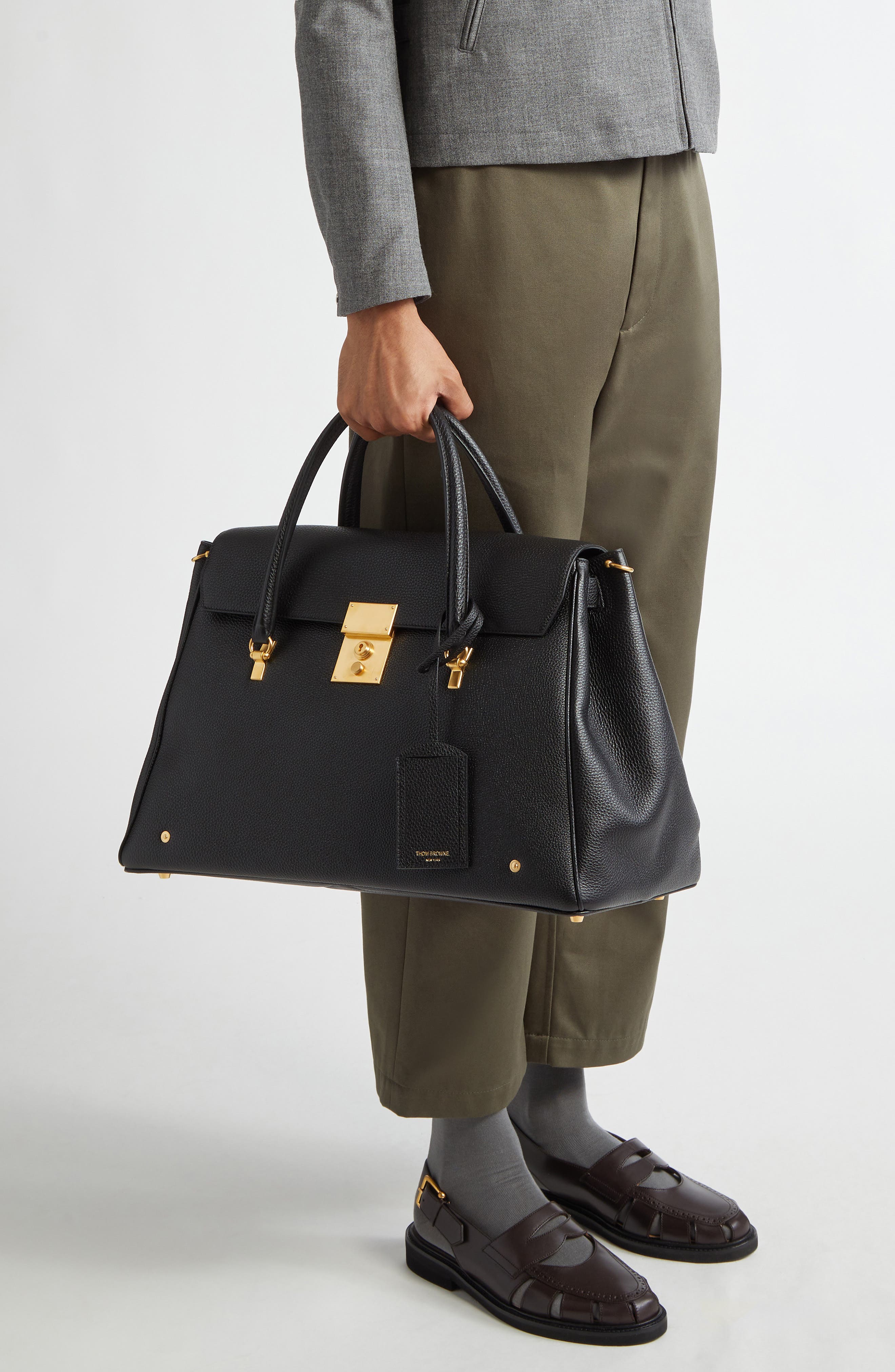 Thom Browne Mr. Thom Soft Pebble Grain Leather Luggage Bag, Alternate, color, Black