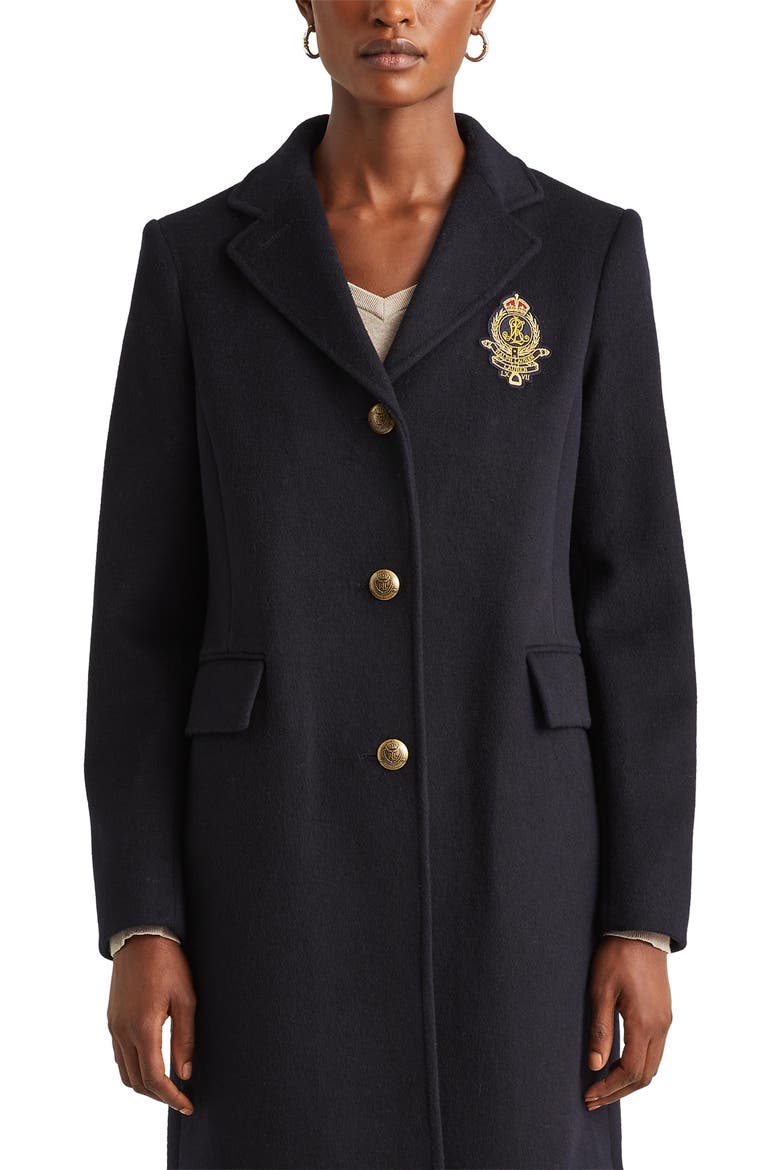Crest Patch Wool Blend Coat, Alternate, color, REGAL NAVY