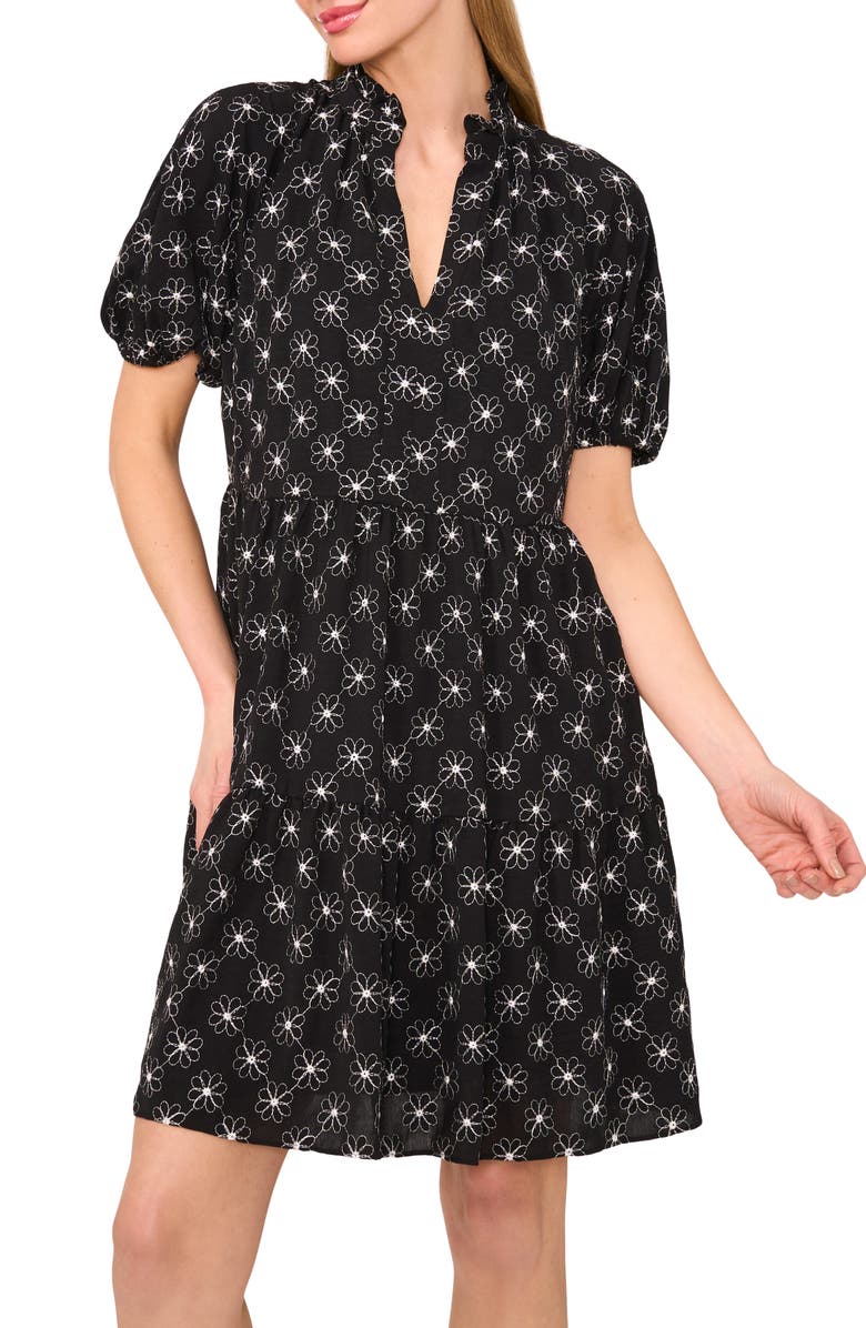 CeCe Embroidered Puff Sleeve Tiered Babydoll Dress, Alternate, color, Rich Black