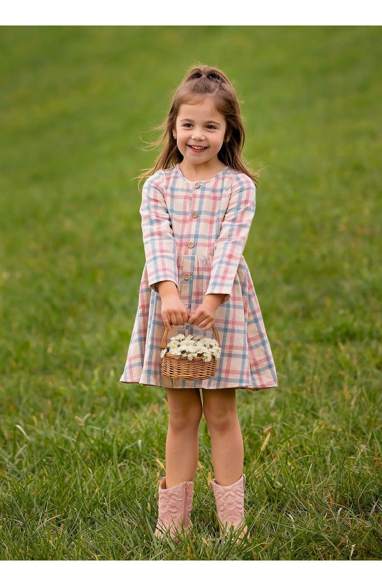 Mabel + Honey Mabel and Honey Phoebe Toddler Long-Sleeve Plaid Dress with Wood-Style Buttons, Pink., Alternate, color, Pink