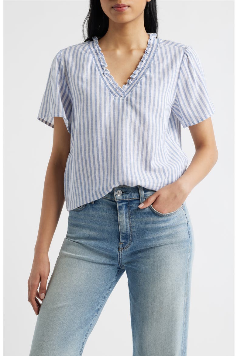Bree Ruffle Linen & Cotton Top, Main, color, MISTY LINES
