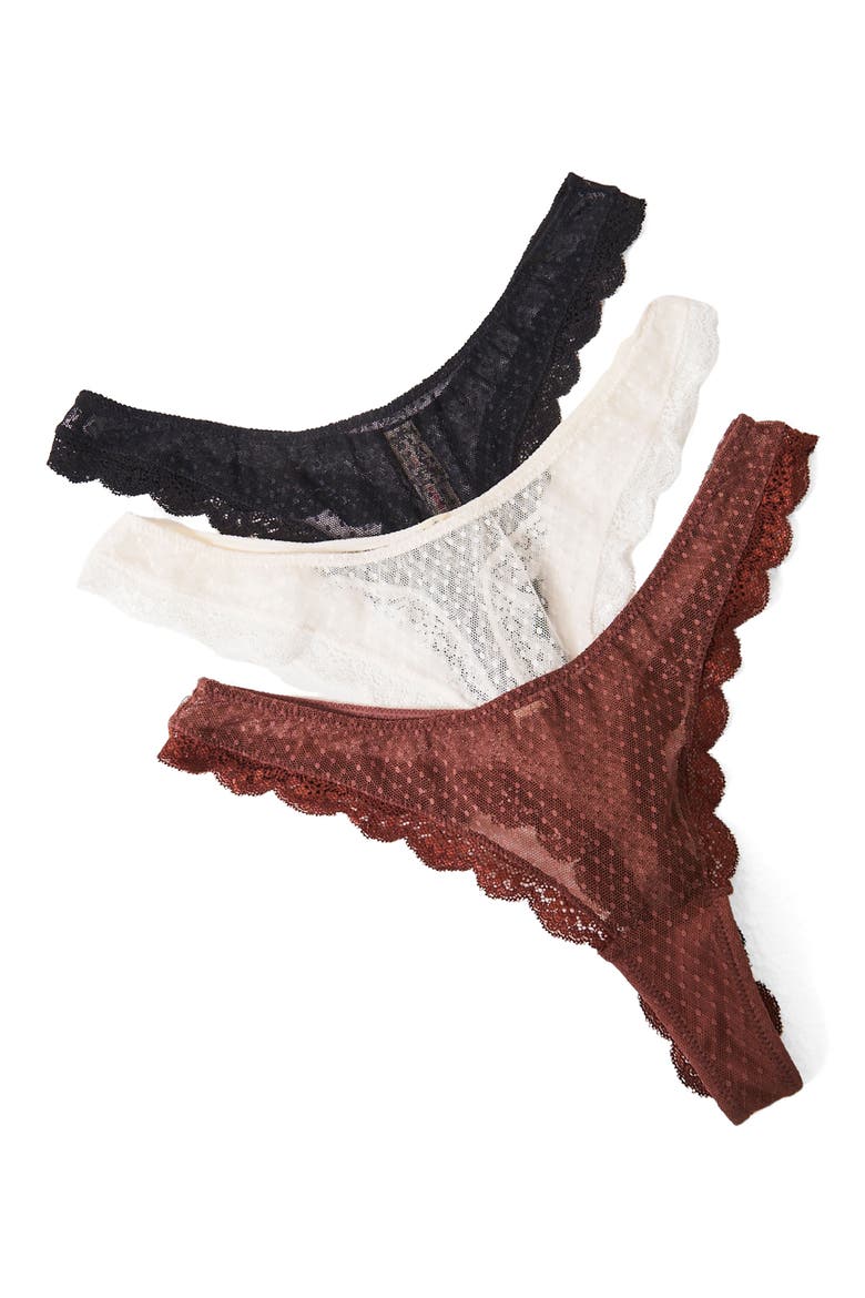 Mid Week 3-Pack Lace Thongs, Main, color, BLACK/ WHITE/ BROWN