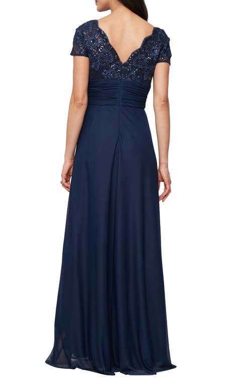 Alex Evenings Sequin Lace Bodice Gown In Navy