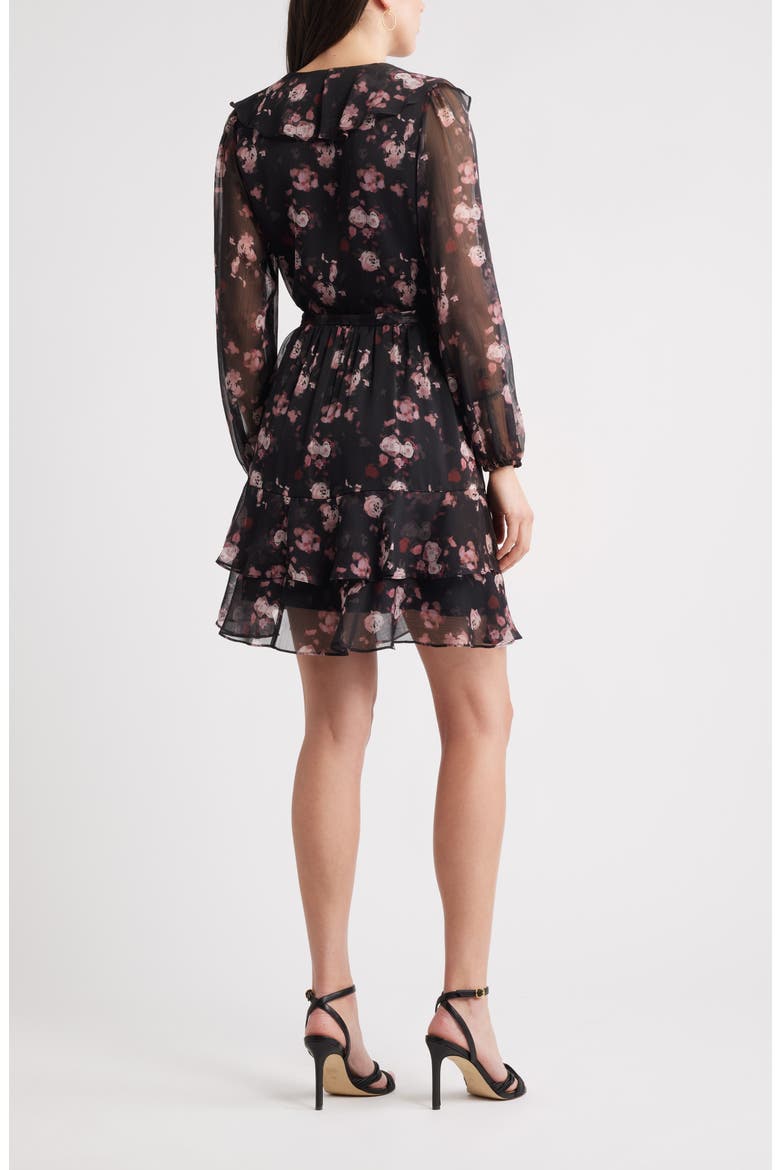Floral Ruffle Trim Long Sleeve Chiffon Minidress, Alternate, color, BLACK- BURG FLORAL
