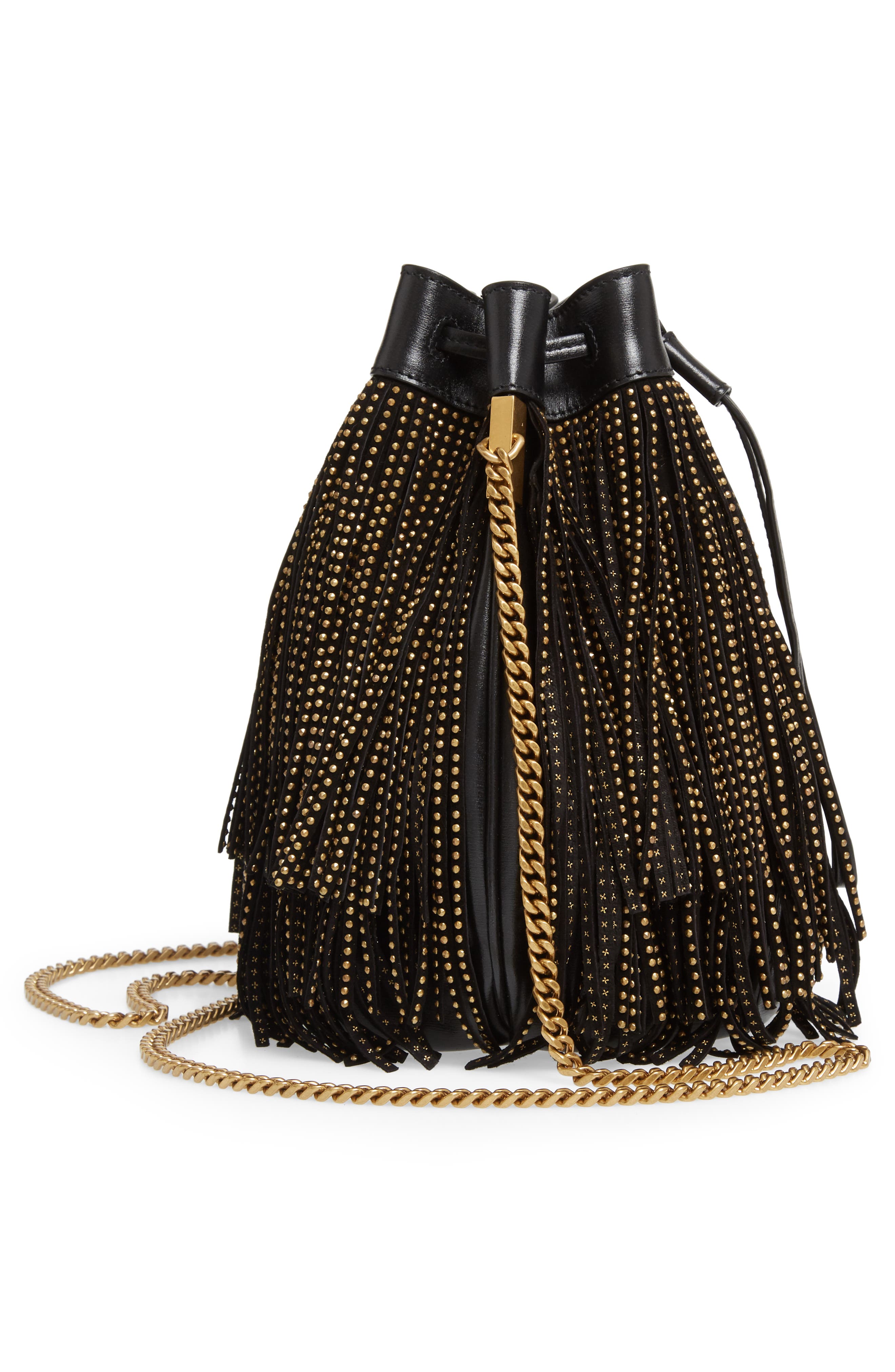 Saint Laurent Talitha Studded Fringe Leather Bucket Bag, Alternate, color, 