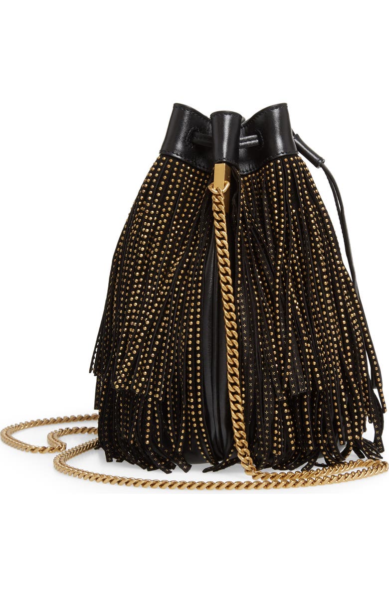 Saint Laurent Talitha Studded Fringe Leather Bucket Bag, Alternate, color,