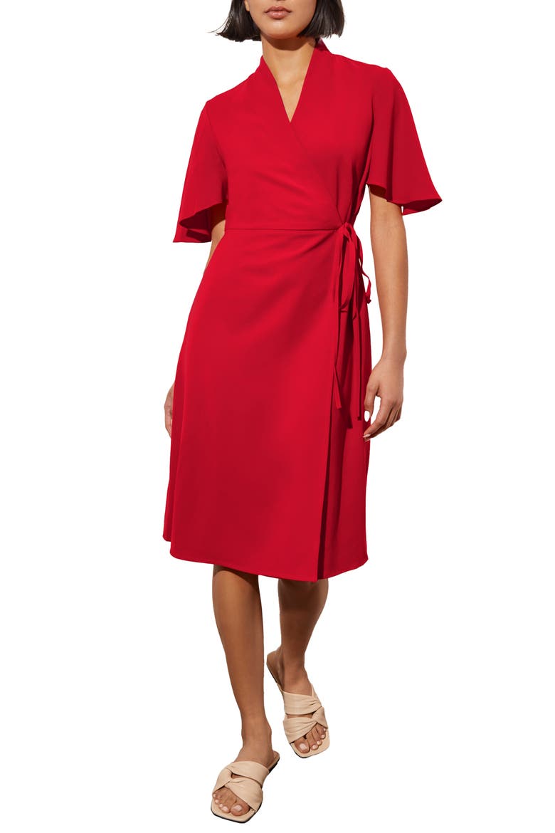 Butterfly Sleeve Crêpe de Chine Wrap Dress, Main, color, POPPY RED