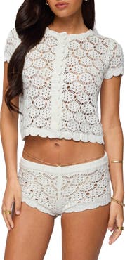 EDIKTED Elisa Short Sleeve Open Knit Crop Cardigan