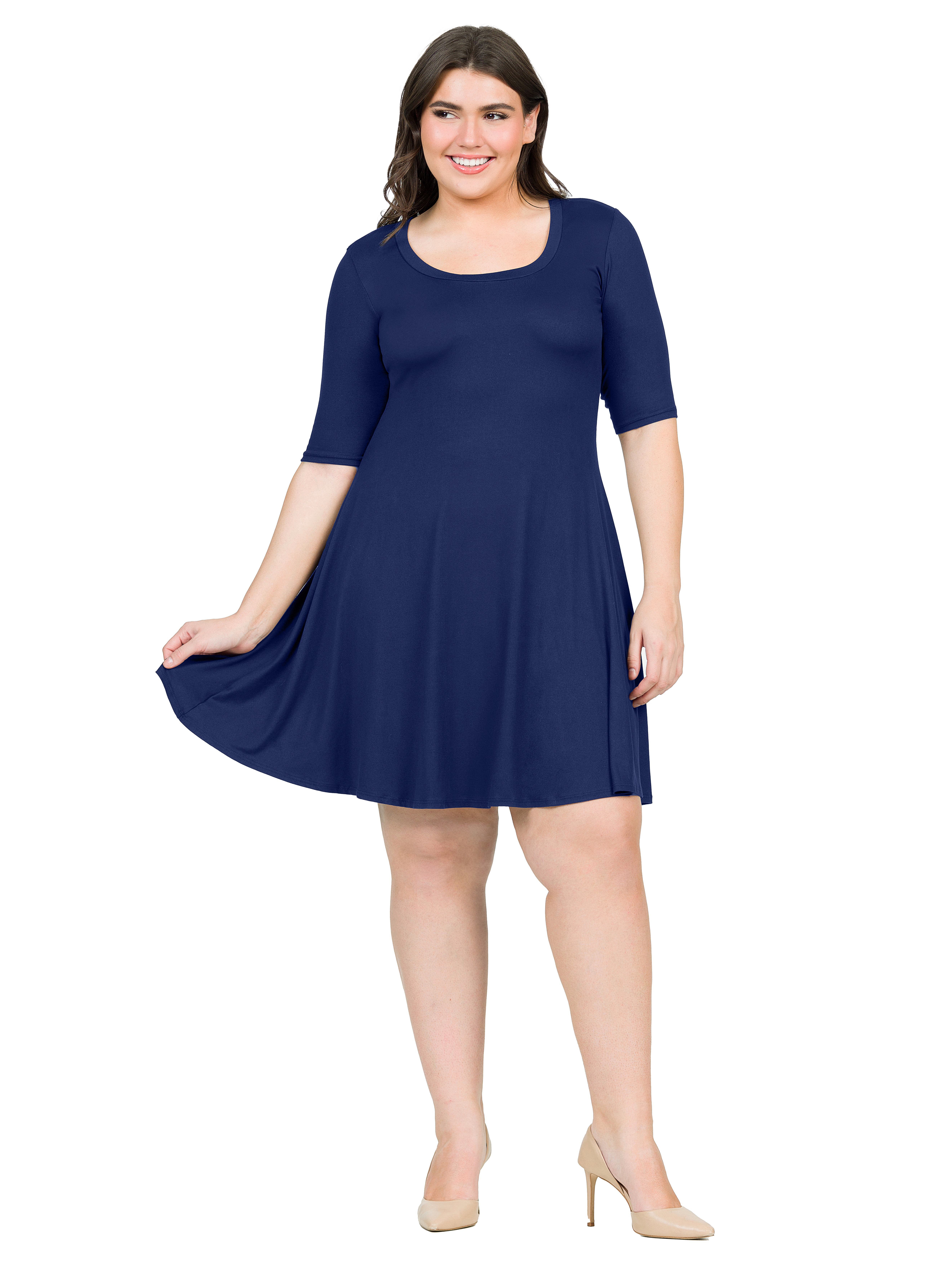 24seven Comfort Apparel Elbow Sleeve Knee Length Dress In Blue