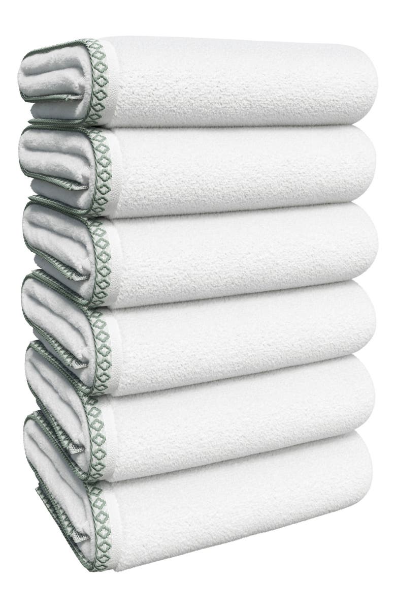 Woven & Weft Border Stitch 6-Piece Cotton Hand Towels, Main, color, White / Eucalyptus