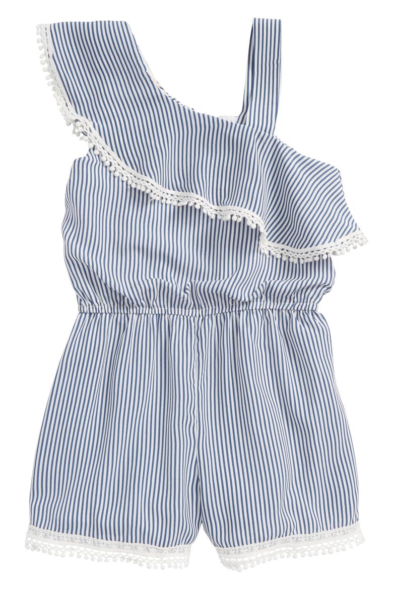 Stripe Ruffle Romper, Main, color, NAVY WHITE