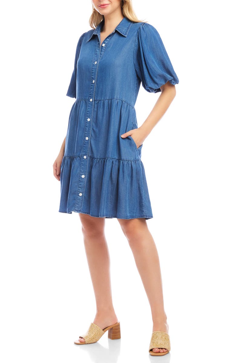 Karen Kane Tiered Denim Shirtdress, Alternate, color, Blue