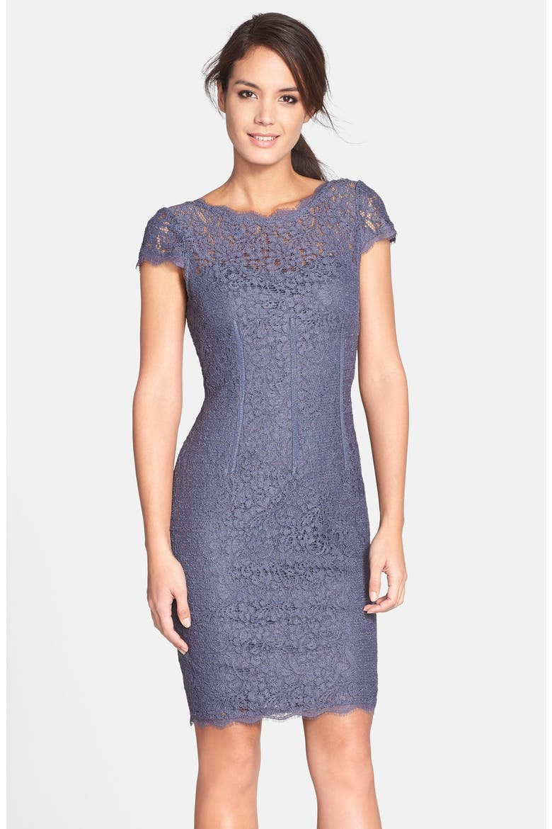 Seam Detail Lace Cocktail Dress, Main, color, GUNMETAL