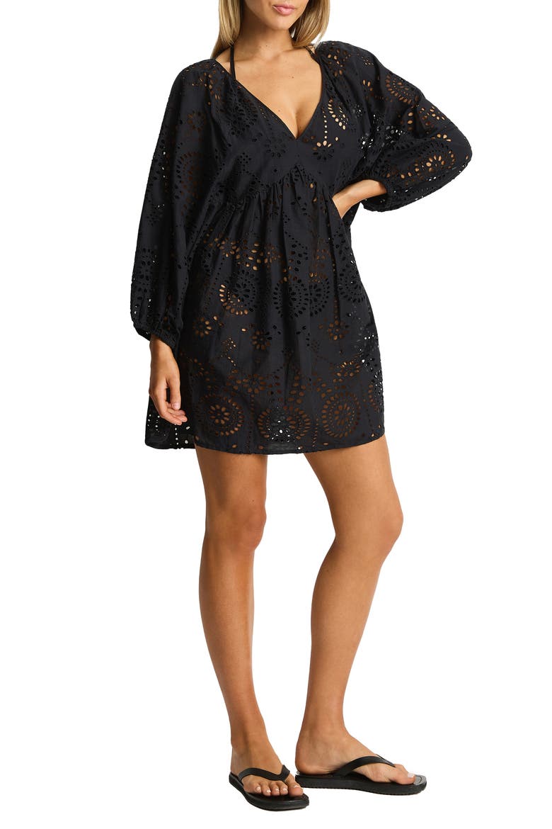 Ibiza Boho Long Sleeve Cover-Up Dress, Alternate, color, BLACK