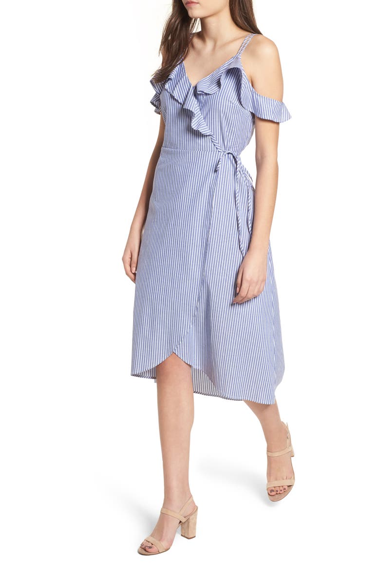Stripe Ruffle Wrap Dress, Main, color, BLUE DRIFT JANNY STRIPE