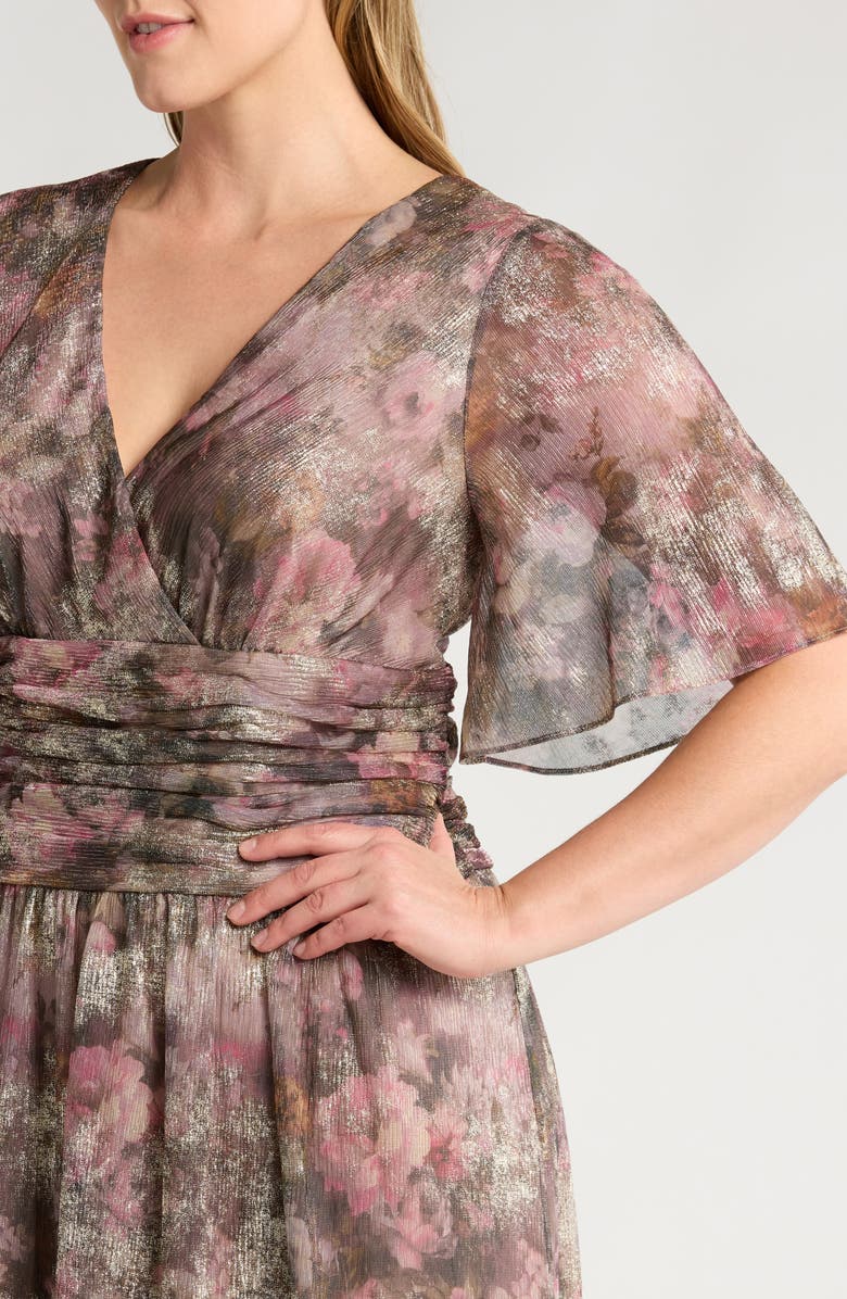 SL FASHIONS Floral Metallic Faux Wrap Maxi Dress, Alternate, color, Taupe Multi