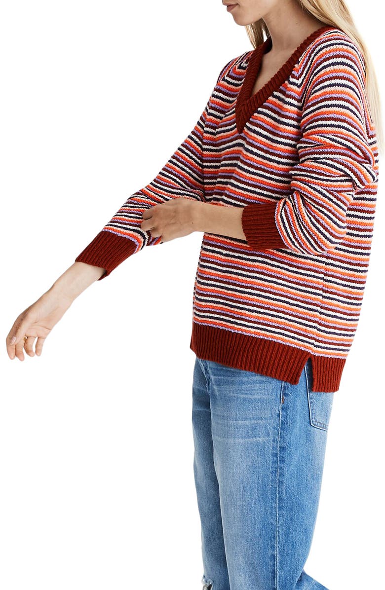 Madewell Arden V-Neck Pullover Sweater in Stripe, Alternate, color, 