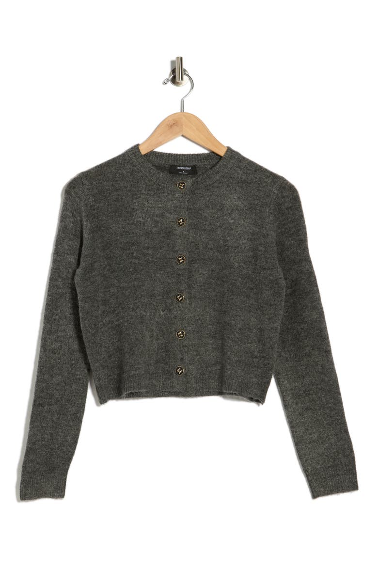 Ribbon Button Crop Cardigan, Alternate, color, CHARCOAL