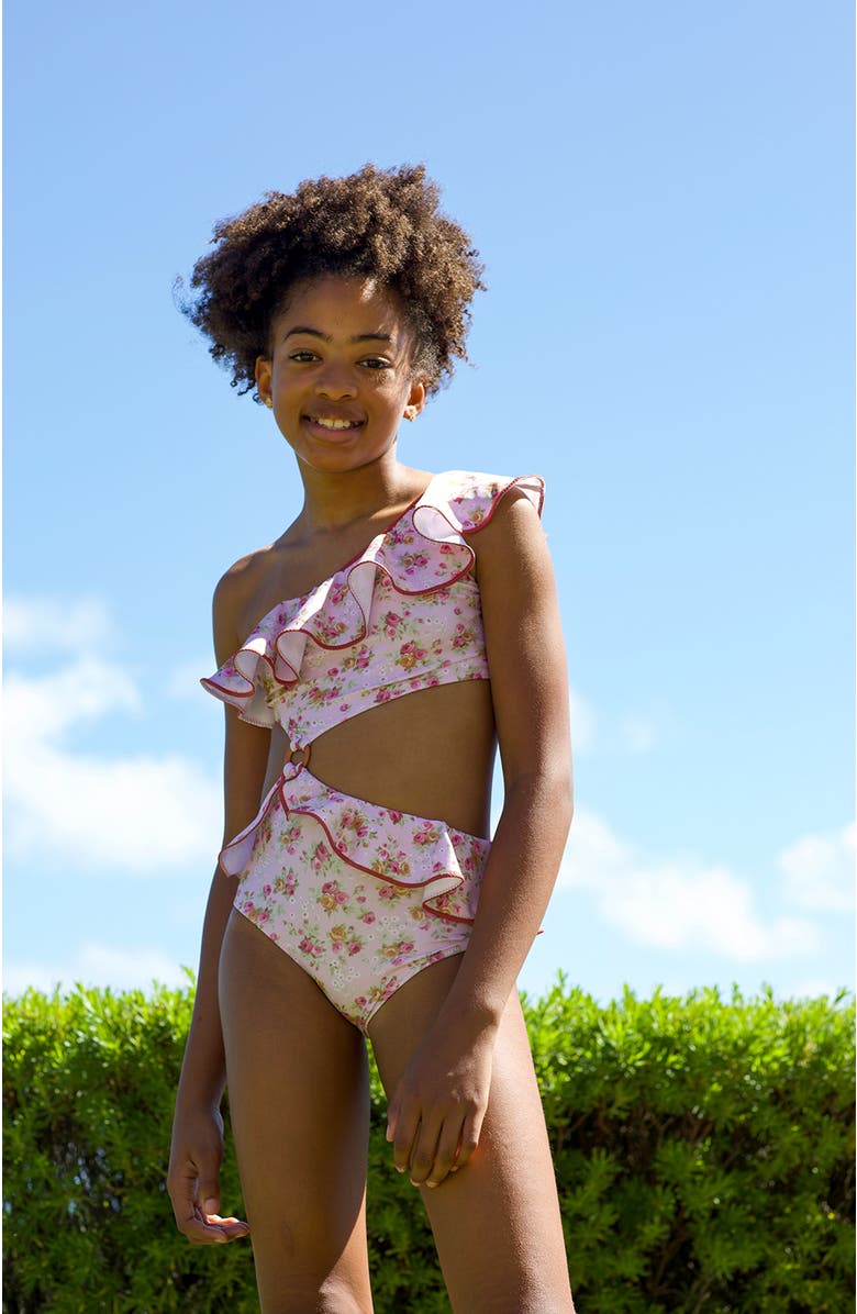 NESSI BYRD One-Shoulder Floral Ruffled with Side Cutout and Ring Detail, Alternate, color, Burgundy