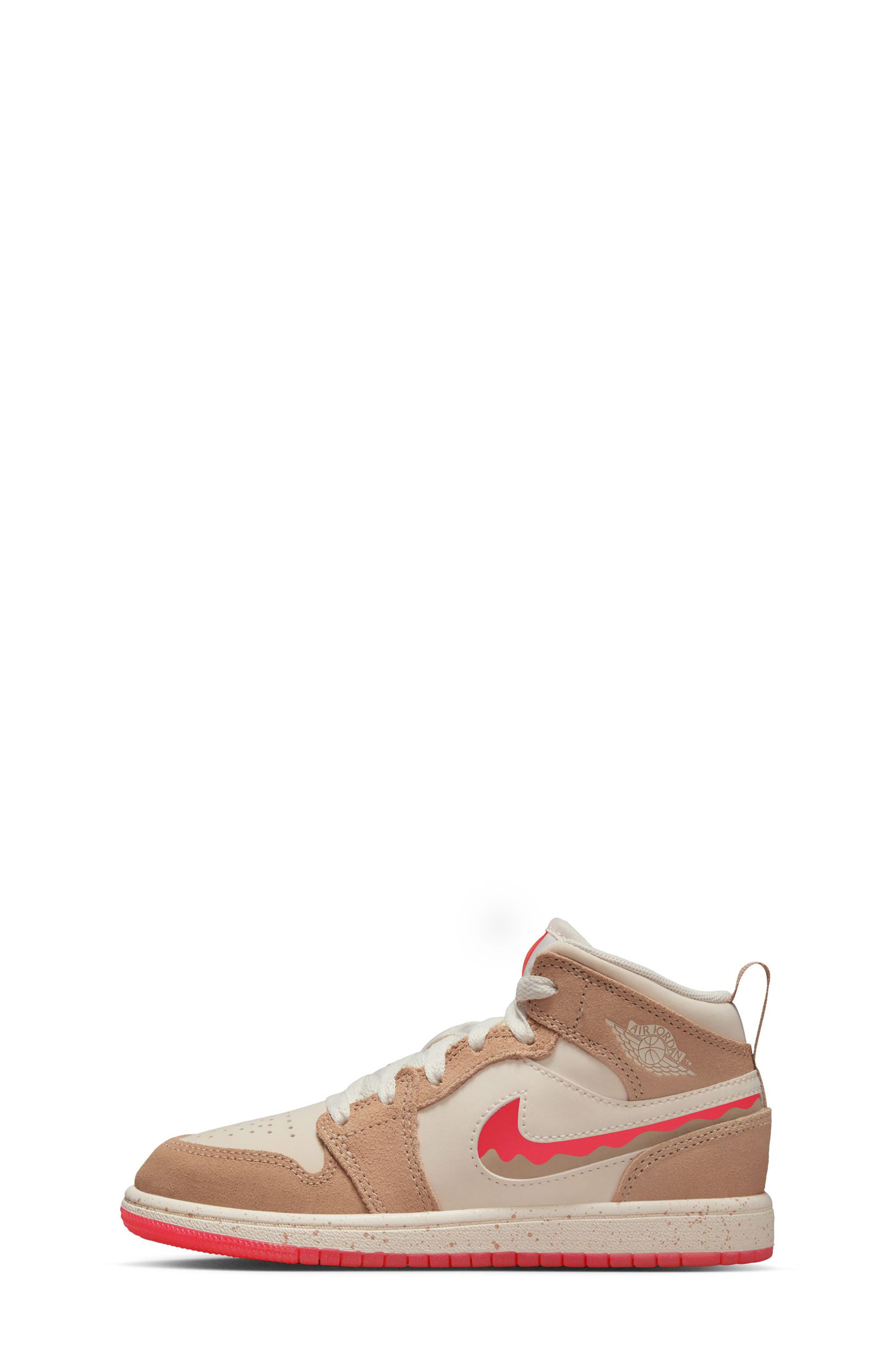 Nike Kids
 Jordan 1 Mid SE Basketball Sneaker, Alternate, color, Desert/ Fusion Red/ Pale Ivory