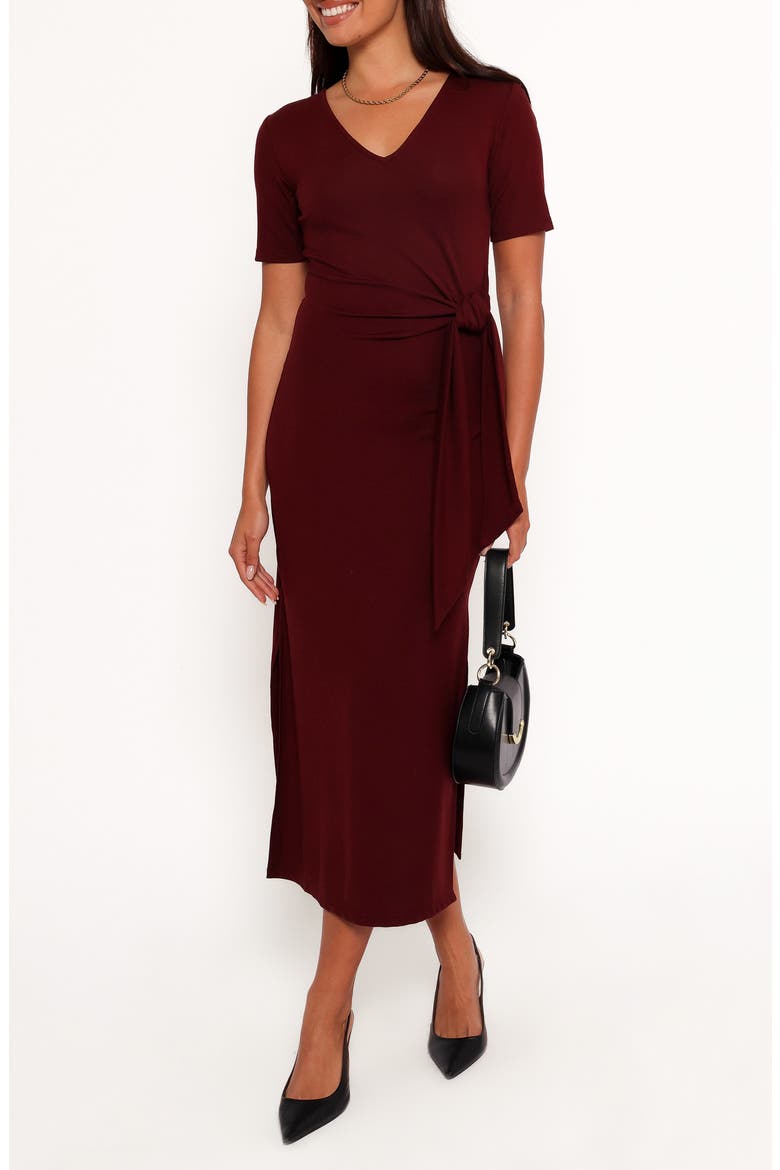 Asha Short Sleeve Tie Waist Midi Dress, Main, color, WINE