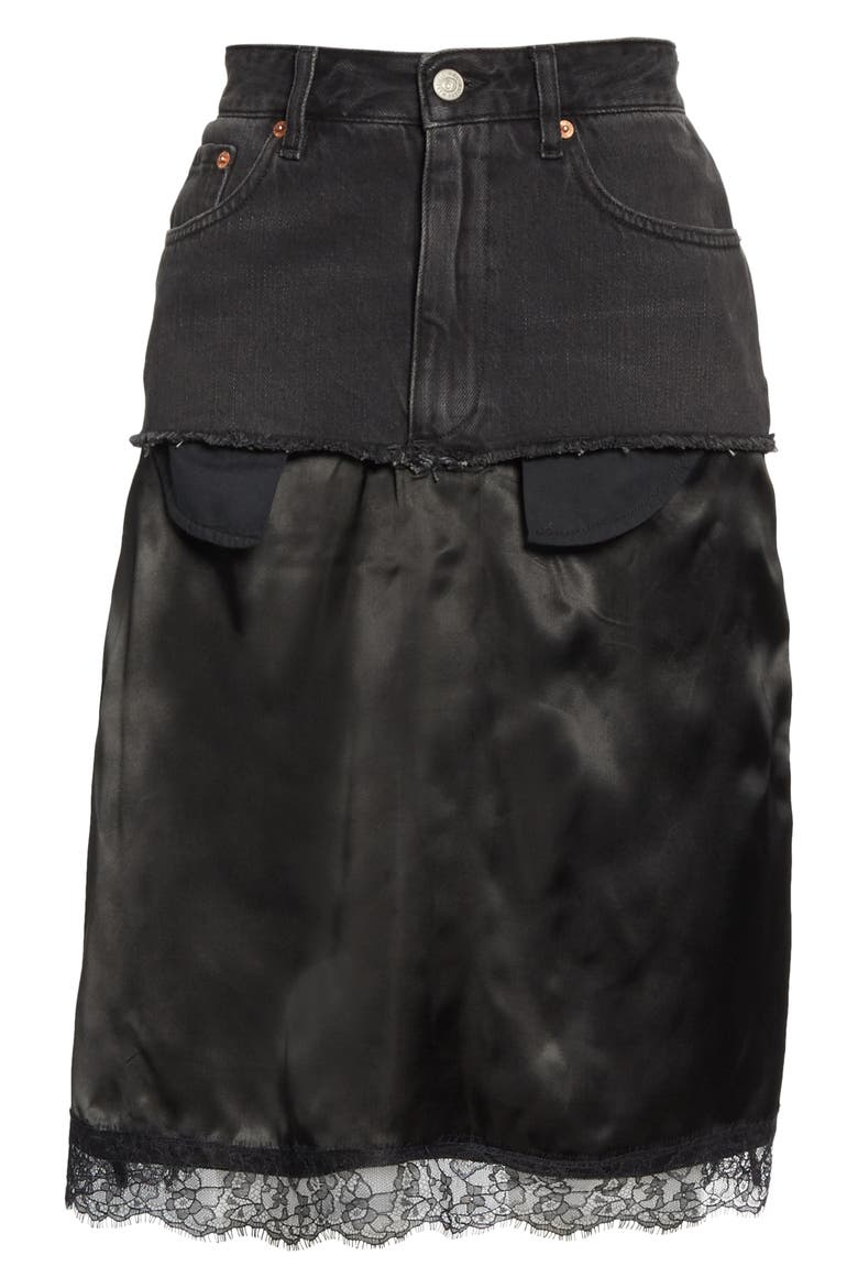 Satin Contrast Denim Skirt, Alternate, color, BLACK