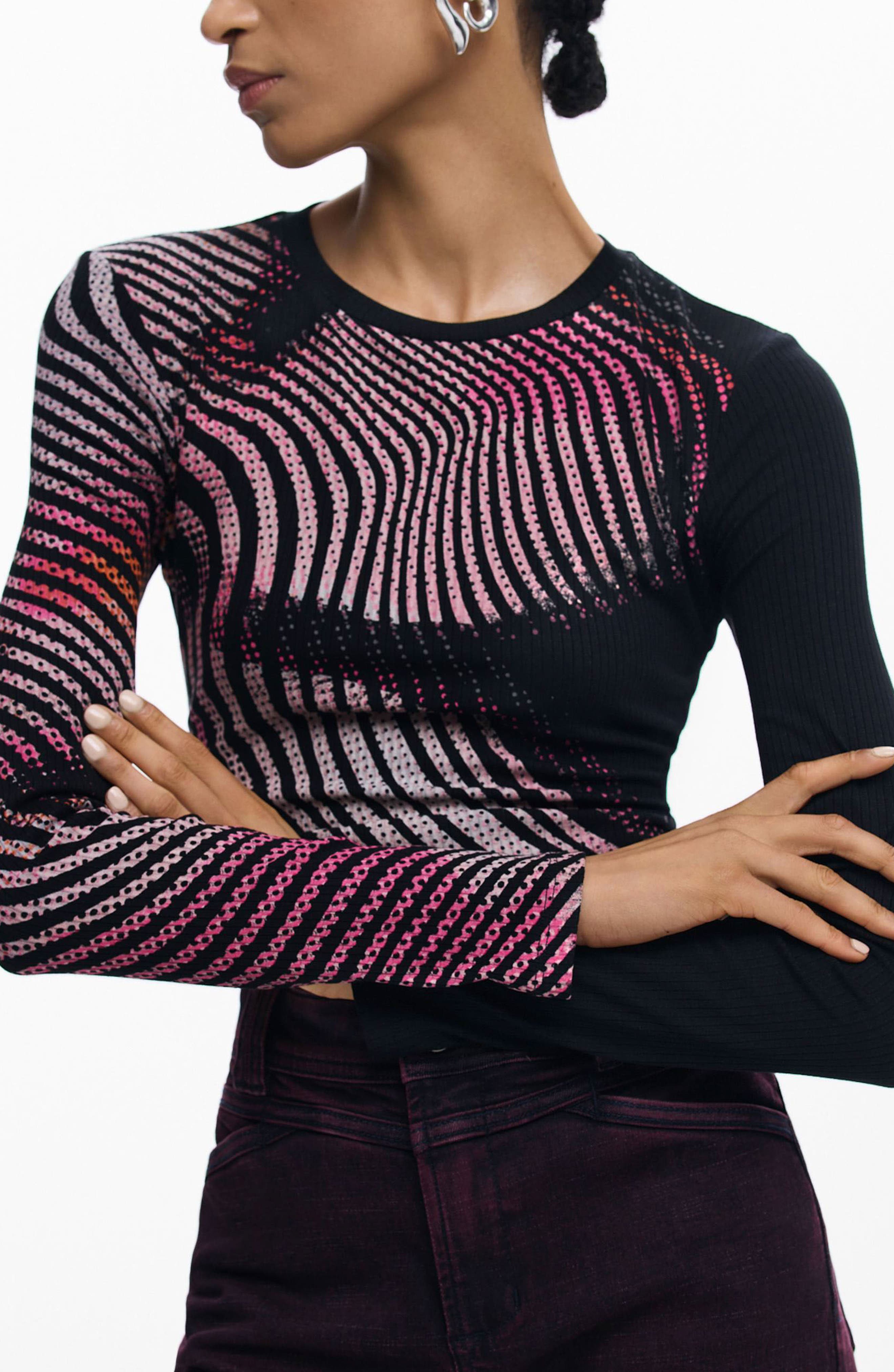 Printed Rib Long Sleeve Top
