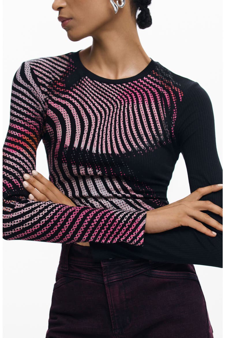 Printed Rib Long Sleeve Top, Main, color, BLACK