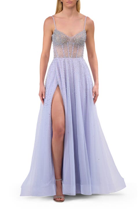 Rhinestone A-Line Tulle Prom Dress with Illusion Bodice