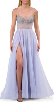 La Femme Rhinestone A-Line Tulle Prom Dress with Illusion Bodice