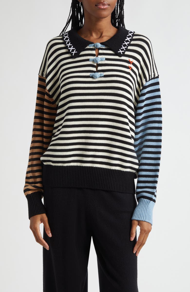 YanYan Bao Colorblock Stripe Long Sleeve Knit Cotton Polo, Main, color,