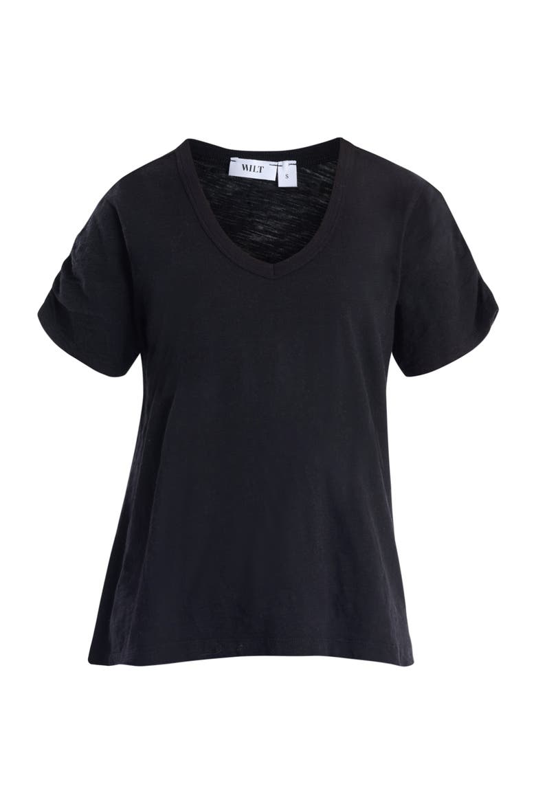 Deep V-Neck Ruched Sleeve Tee, Alternate, color, Black